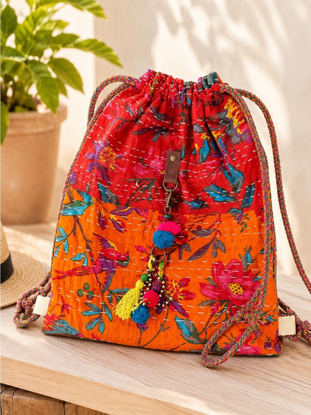 Handmade Kantha Cotton Drawstring Backpack Made India Boho Floral NWOT